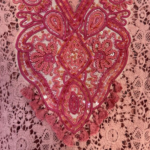 Calypso St. Barth Floral Crochet Tunic Top Size S Embroidered Sequins Tasseled - Picture 4 of 16